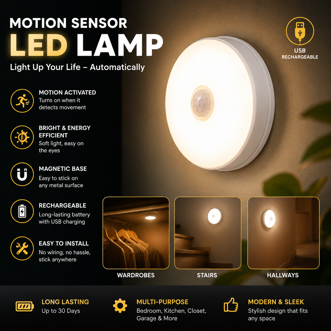 Rechargeable Motion Sensor LED Lamp White Circular