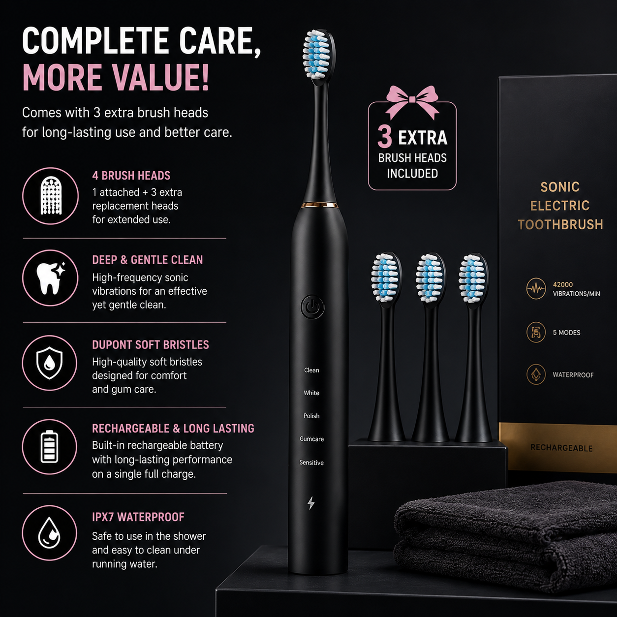 🪥 Rechargeable Sonic Electric Toothbrush – Deep Cleaning with 42,000 Vibrations/Min