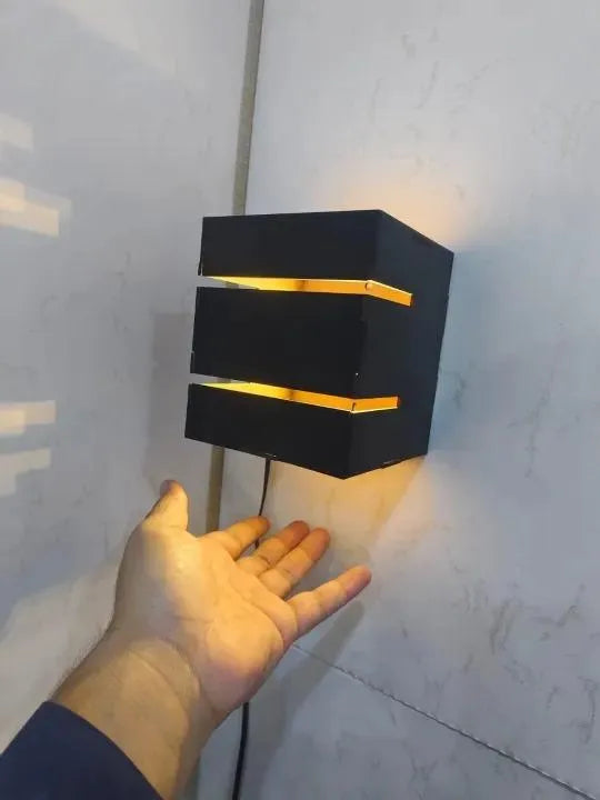 Modern Wall Lamp with Golden Light, Dark Brown MDF, 5.2x4.5x2" 5.0