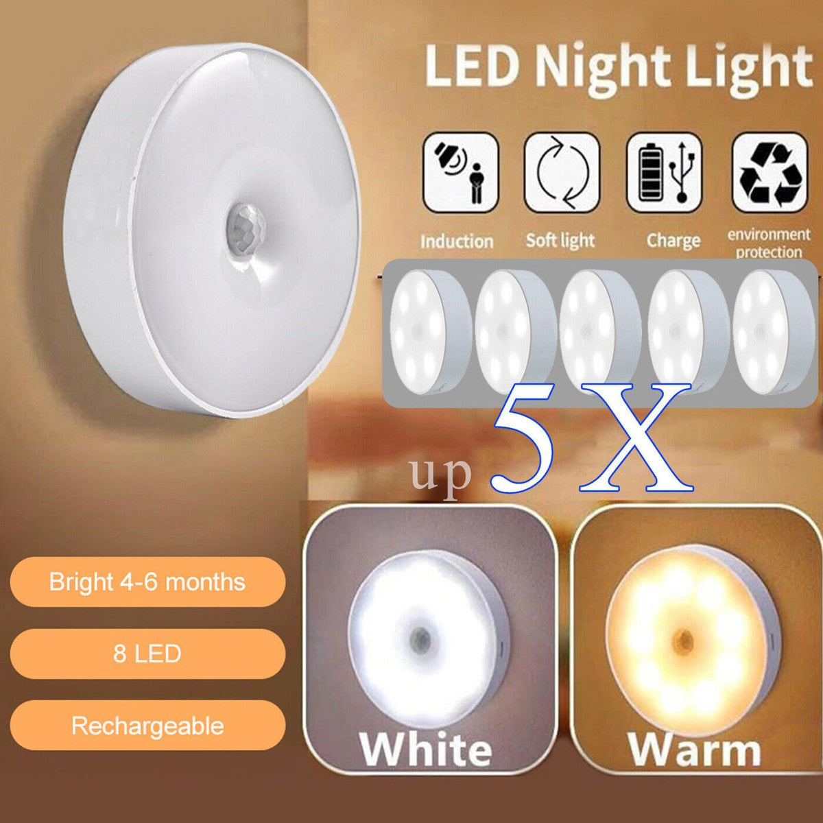 Rechargeable Motion Sensor LED Lamp White Circular